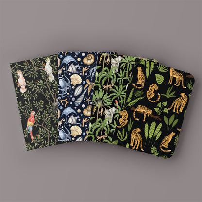 TROPICAL ANIMALS - Blank Notebooks | Pack of 4 | A5 Size | 100 GSM Natural Shade Paper | 60 Pages | Opens Flat Lay | Animals, Birds and Sea Creature Prints