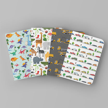 ALL THINGS BOYS - Blank Notebooks | Pack of 4 | A5 Size | 100 GSM Natural Shade Paper | 60 Pages | Opens Flat Lay | Car, Animal, Dinosaur and Construction Vehicle prints