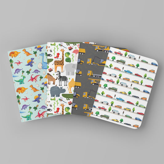 ALL THINGS BOYS - Blank Notebooks | Pack of 4 | A5 Size | 100 GSM Natural Shade Paper | 60 Pages | Opens Flat Lay | Car, Animal, Dinosaur and Construction Vehicle prints