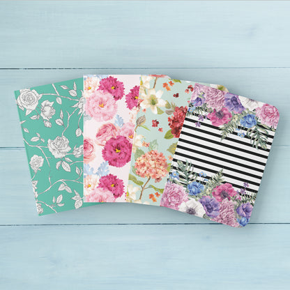 VIBRANT FLORALS - Blank Notebooks | Pack of 4 | A5 Size | 100 GSM Natural Shade Paper | 60 Pages | Opens Flat Lay | Gifting for girls and women