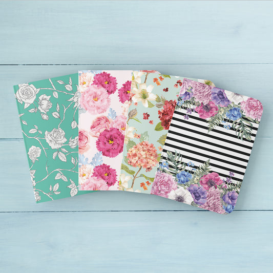 VIBRANT FLORALS - Blank Notebooks | Pack of 4 | A5 Size | 100 GSM Natural Shade Paper | 60 Pages | Opens Flat Lay | Gifting for girls and women