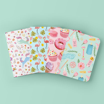 SUGAR AND EVERYTHING NICE- Blank  Notebooks | Pack of 4 | A5 Size | 100 GSM Natural Shade Paper | 60 Pages | Opens Flat Lay | Vibrant Designer Prints | Gifting for women and girls
