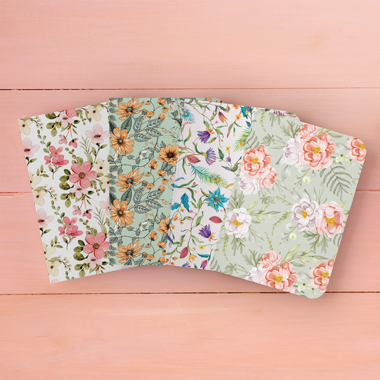 CLASSY FLORALS - Blank Notebooks | Pack of 4 | A5 Size | 100 GSM Natural Shade Paper | 60 Pages | Opens Flat Lay | Vibrant Designer Prints | Gifts for women and girls