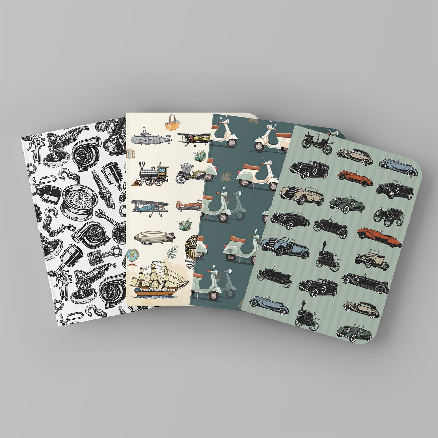 Paper Kaite Blank Notebooks | VINTAGE VEHICLES | Pack of 4 | A5 Size | 100 GSM Natural Shade Paper | 60 Pages | Opens Flat Lay | Vibrant Designer Prints | Gifts for men and boys