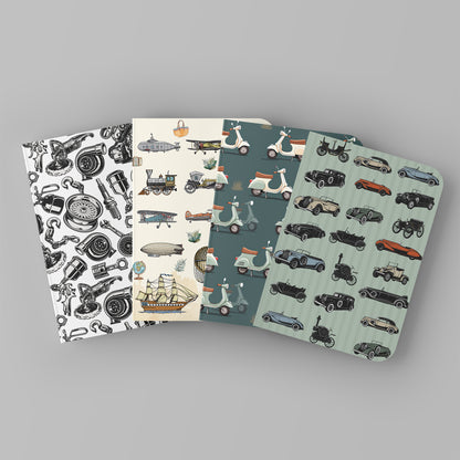 Paper Kaite Blank Notebooks | VINTAGE VEHICLES | Pack of 4 | A5 Size | 100 GSM Natural Shade Paper | 60 Pages | Opens Flat Lay | Vibrant Designer Prints | Gifts for men and boys