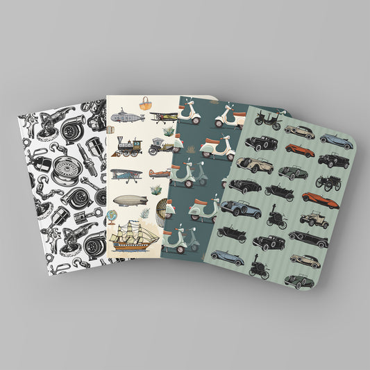 Paper Kaite Blank Notebooks | VINTAGE VEHICLES | Pack of 4 | A5 Size | 100 GSM Natural Shade Paper | 60 Pages | Opens Flat Lay | Vibrant Designer Prints | Gifts for men and boys