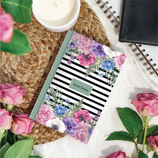 'Black White Blooms' Personalized A5 Diary – Elegant Floral Customised Journal