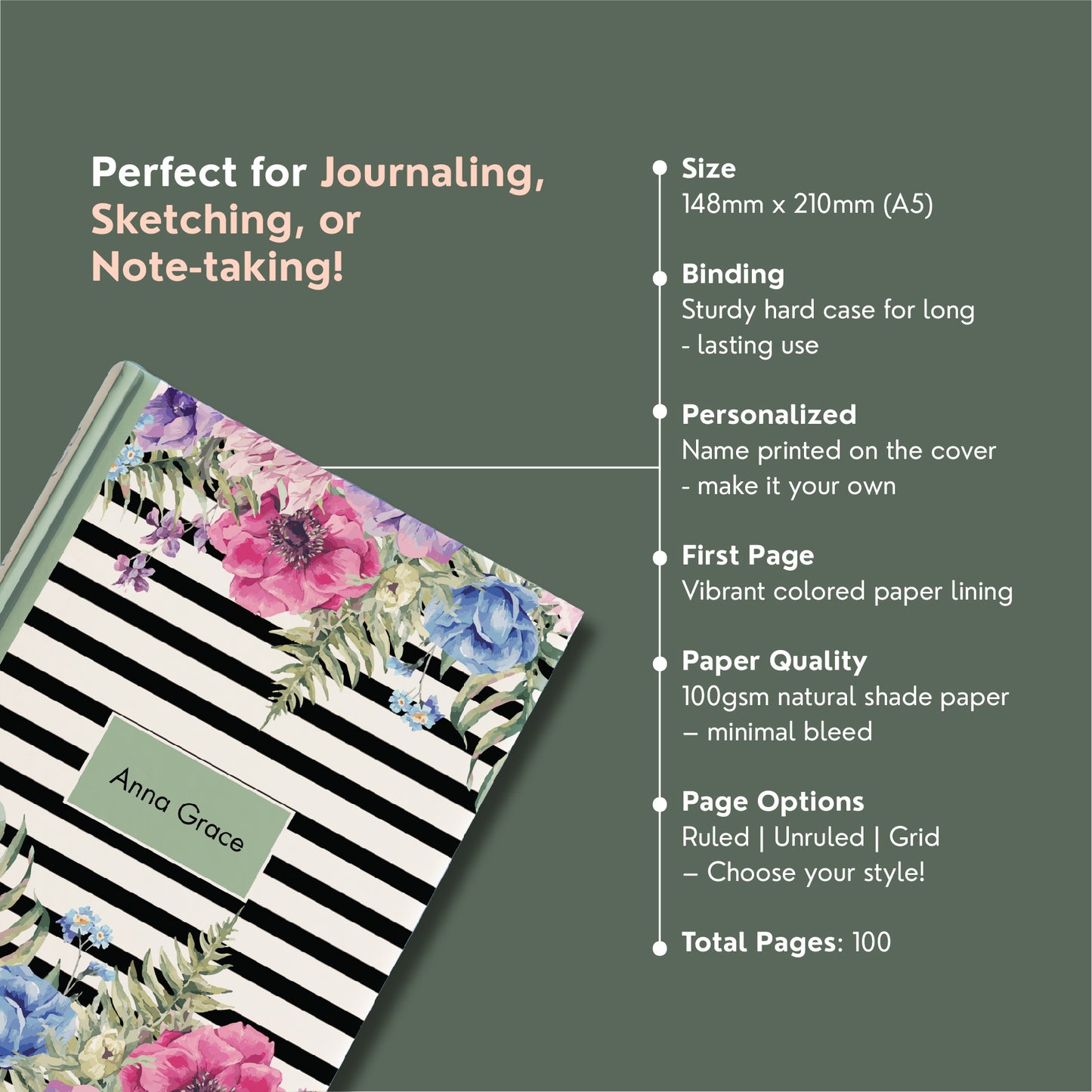 'Black White Blooms' Personalized A5 Diary – Elegant Floral Customised Journal