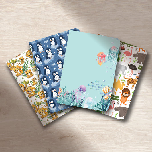 ANIMAL FRIENDS - Blank Notebooks | Pack of 4 | A5 Size | 100 GSM Natural Shade Paper | 60 Pages | Opens Flat Lay | Cute Jungle & Wildlife Prints for Kids