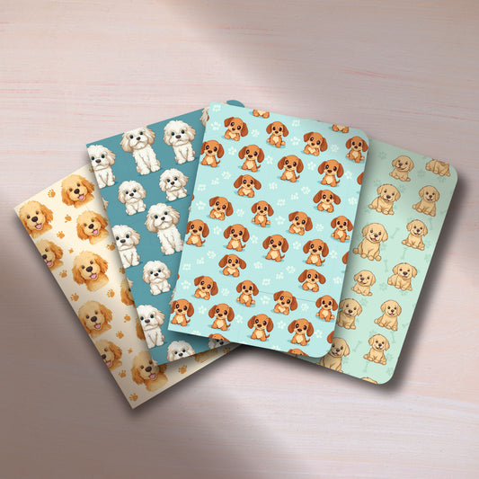 FURRY PALS - Blank Notebooks | Pack of 4 | A5 Size | 100 GSM Natural Shade Paper | 60 Pages | Opens Flat Lay | Cute Dog Prints