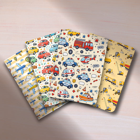 SPEEDY WHEELS - Blank Notebooks | Pack of 4 | A5 Size | 100 GSM Natural Shade Paper | 60 Pages | Opens Flat Lay | Designer Car Prints for Kids & Boys