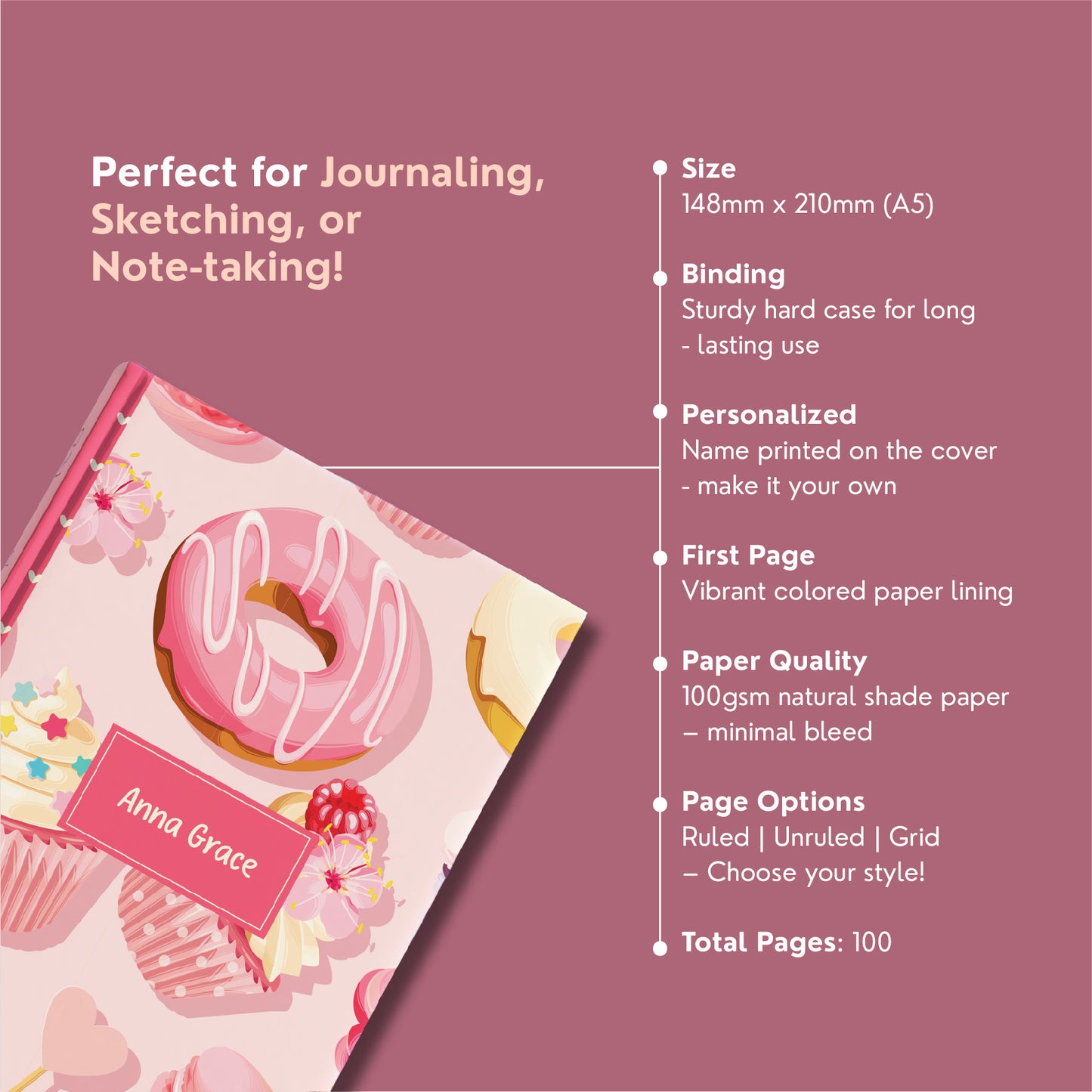 'Sweet Tooth' Personalized A5 Diary – Cute Pastry Themed Customised Journal
